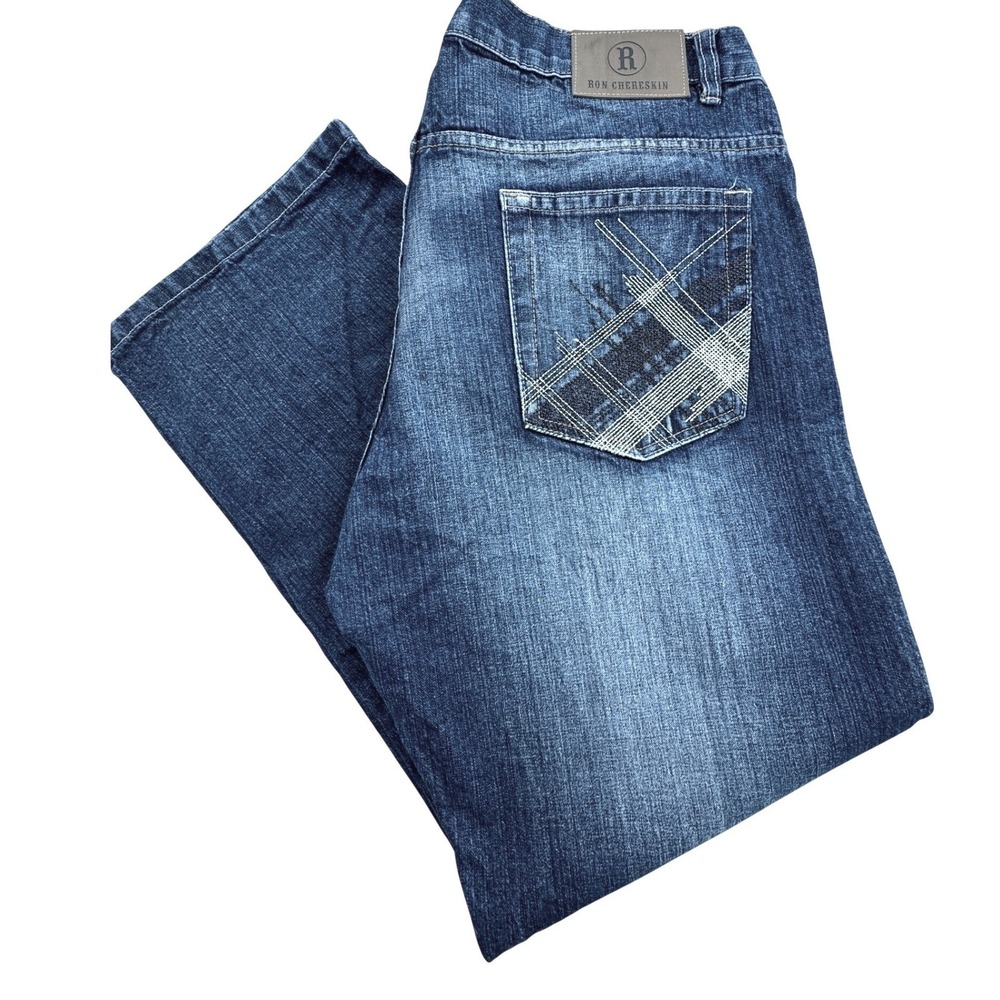 Ron Chereskin Mens Straight Leg Jeans Blue Denim Plaid Pocket 36x30 western cow